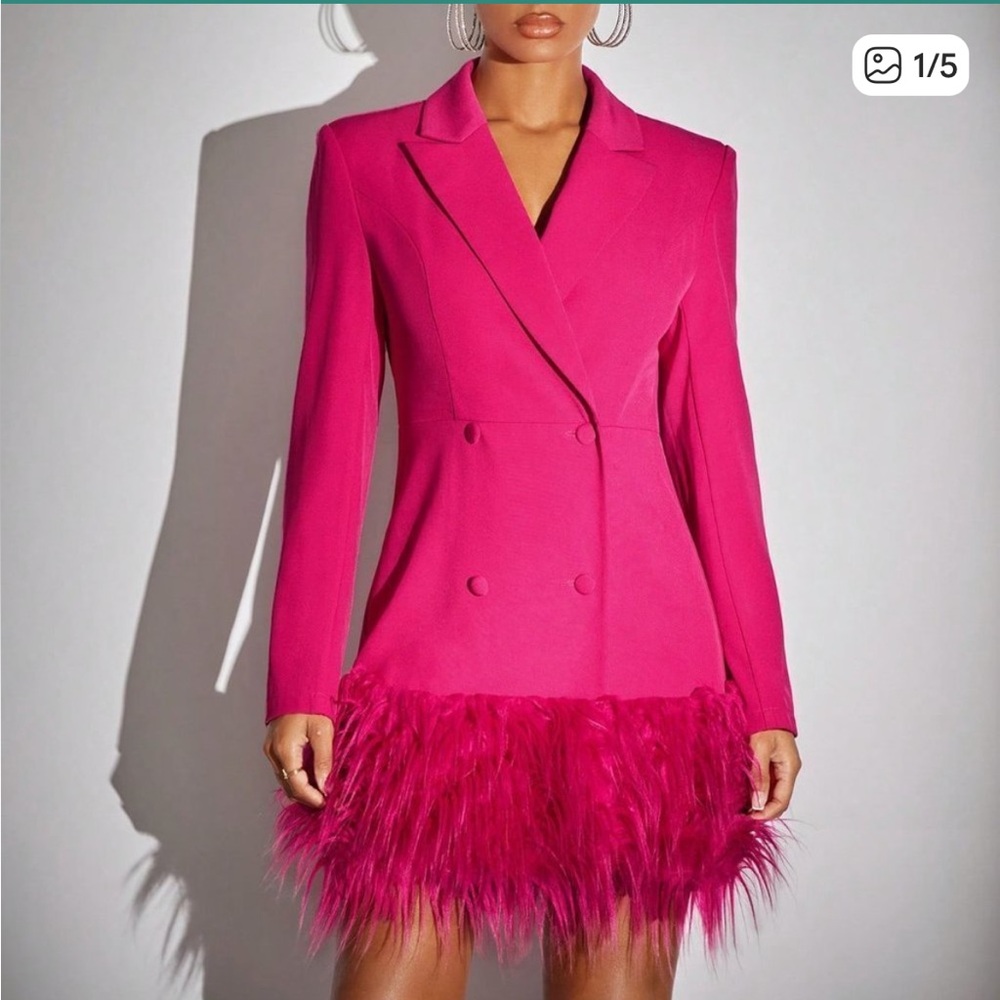 Hot Pink Preppy Womens Double Breasted Fuzzy Hem Blazer Dress